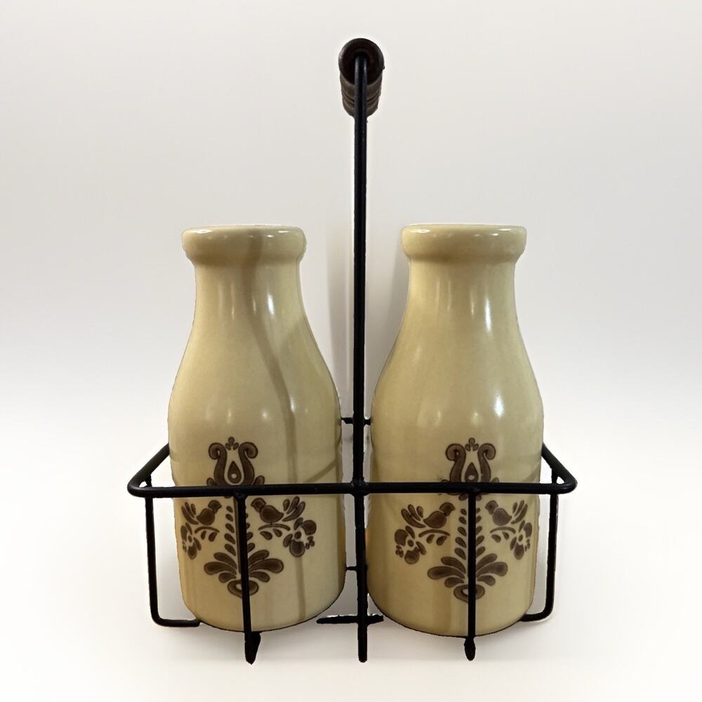 Vintage Pfaltzgraff Village Stoneware Milk Bottles Set of 2 Vase w/Wire Caddy